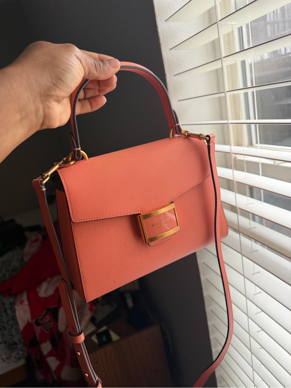 kate spade coral leather top-handle satchel with gold hardware